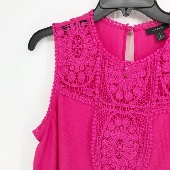Halogen Womens Top Medium Pink Lace Crepe Stretch Jewel Neck Sleeveless NWOT - Picture 4 of 9